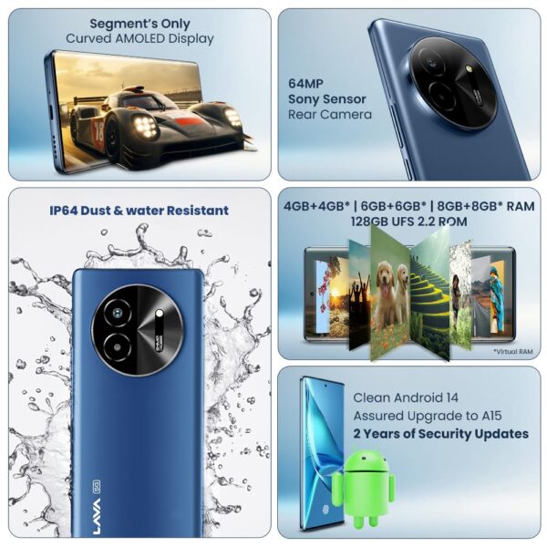 Lava Bold 5G (Sapphire Blue, 6GB RAM, 128GB Storage) | 3D Curved FHD+ AMOLED Display | Mediatek Dimensity 6300 Processor | IP64 Water Resistance | 64MP Rear Sensor | Supports All Indian 5G Bands - Image 6